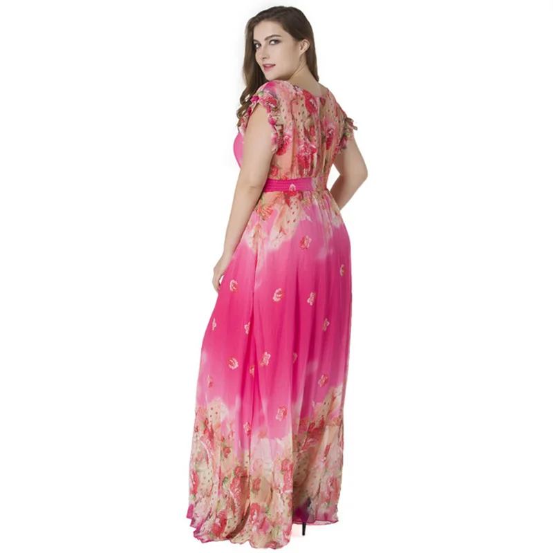 Harajuku Robe femme ete женское летнее шифоновое Цветочное платье с v-образным вырезом, рукав-лепесток, большие размеры 7XL, винтажные длинные пляжные макси платье