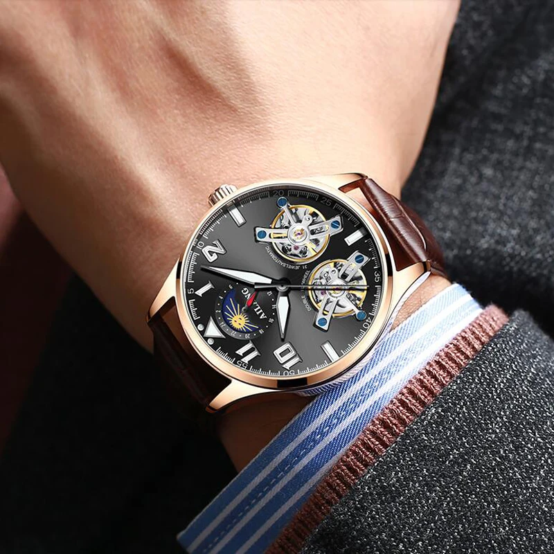 

Luxury Brand Double Tourbillon Men Military Sport Watches Men's Automatic Mechanical Clock Leather Strap Waterproof Watch Reloj