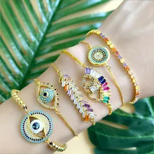 Роскошный браслет evil eye наборы регулируемые радужные CZ цирконий массивные цепи браслеты для женщин очаровательные ювелирные изделия Pulseras Mujer