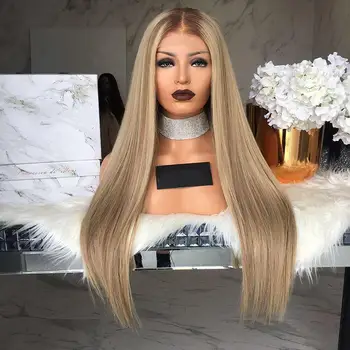 

Long Blond Brown Gloden Honey Highlight Straight Wig with Natural Skin Cosplay Synthetic Wigs Heat Resistant Middle Part Wig