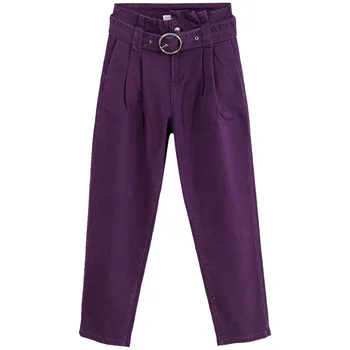 

Fall Spring Fashion Womens High Waisted Loose Purple Denim Harem Pants , Stretchy Ruffles Jeans Trousers for Woman