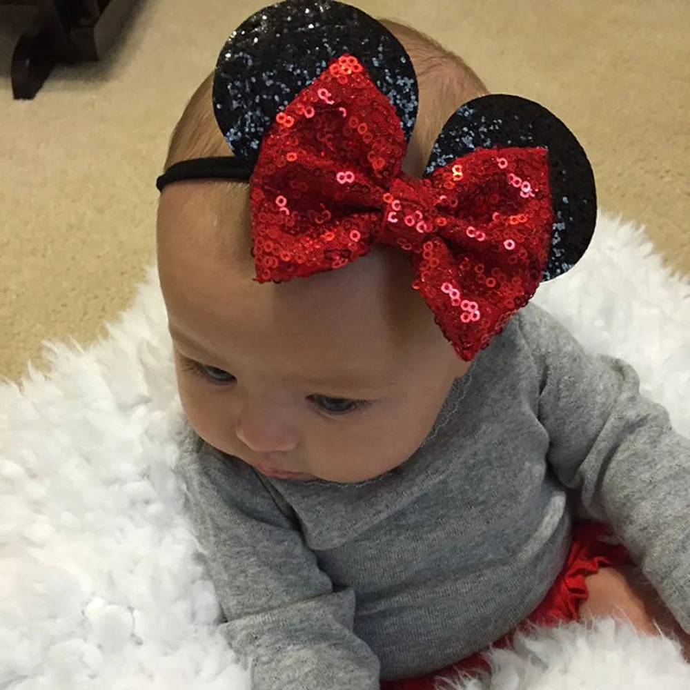 Cartoon Sequins Mouse Ears Hair Accessories Handmade Big Bow Kids Elastic Band Fashion Girls Headband Headwear for Children | Детская