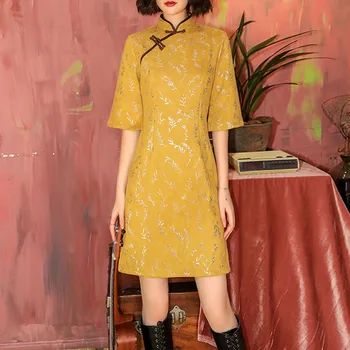 

Cocktail Dresses 2020 Vintage Print Split Three-Quarter Sleeve Stand Collar Elegant White Yellow Women Night Party Dress