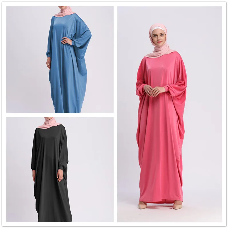 

2019 Muslim Fashion Solid Color Bat Sleeve Robe Ramadan Kimono Robe