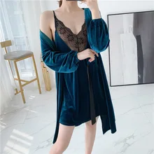 Зимний бархатный утепленный женский халат, кружевной сексуальный глубокий v-образный вырез, женское платье с бретельками, банный Халат