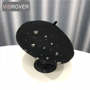 

VISROVER woman wool winter beret female rhinestone wool cap autumn winter hat solid color top quality Women Boina wholesales