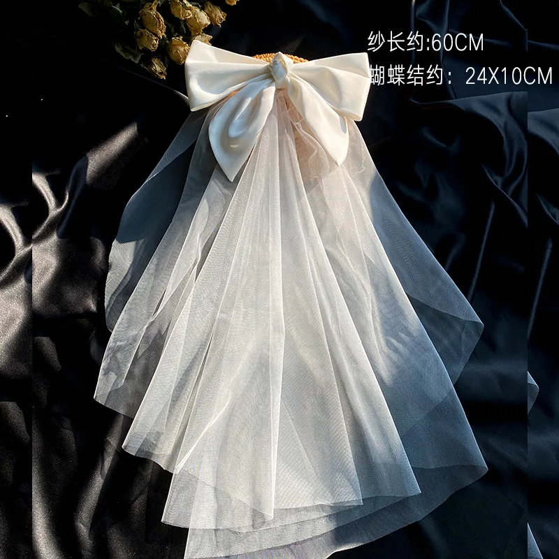 New Bow Veil Super Fairy Wedding Trip Shoot Photo White Satin Mesh Barrettes Bridal Hair Accessories