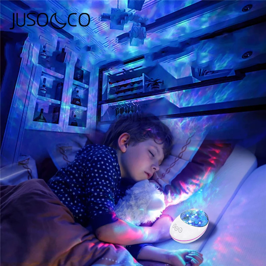 

JUSOCCO Bluetooth Ocean Wave Projector LED Night Light With USB Remote Control Music Player Speaker TF Card Aurora Projection