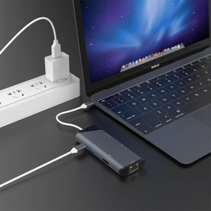 

Multi-port 7-in-1 Hub Type-C to USB3.0 4K HDMI TF SD Card Reader Ethernet Adapter Docking Station HSJ-19