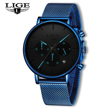 

LIGE Blue Watches Mens Full Steel Sport Clock Top Brand Luxury Quartz Wristwatch Waterproof Date Men Watch Relogio Masculino+Box