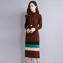 Осень-зима, стиль, корейский стиль, средней длины, с воротником-стойкой, приталенный, в полоску, очаровательный цвет, женский трикотаж