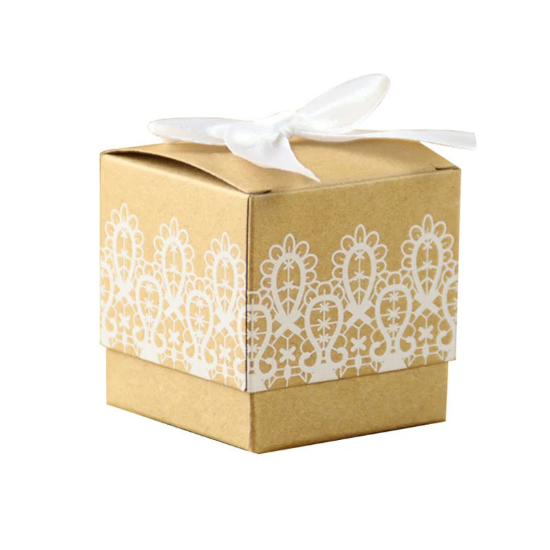 50 шт Креативный кружевной бант крафт-бумага Конфетница поставщик белая лента коробка конфет на свадьбу коричневая подарочная коробка
