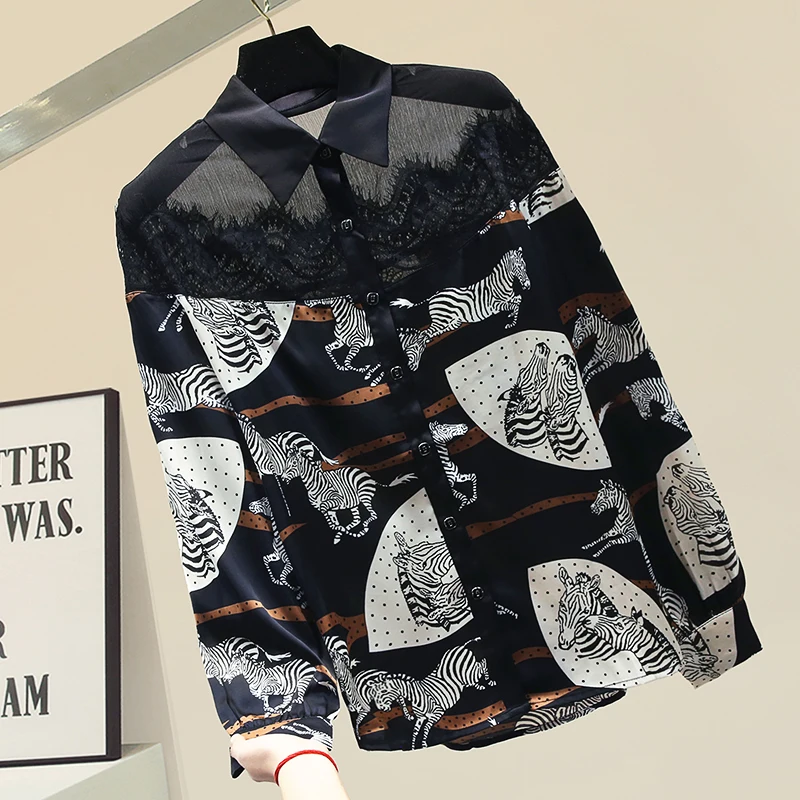 

2020 Spring Womens Printed Chiffon Panel Lace Blouse Women's Print Shirt Long Sleeve Turn Down Collar Shirt Ladies Tops Blusas