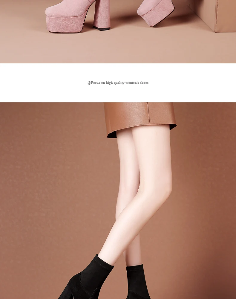 2021 High Heels Women's Boots Female Thick Platform Shoes Flock Ankle Boots Concise Solid Women Shoes Pink Black Autumn Winter