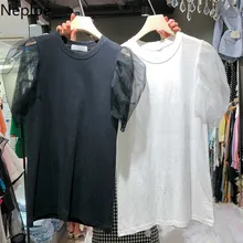 Neploe Корейская черная белая футболка Женские однотонные Лоскутные сетчатые футболки с пышными рукавами корейская мода Новые повседневные топы женские 90425
