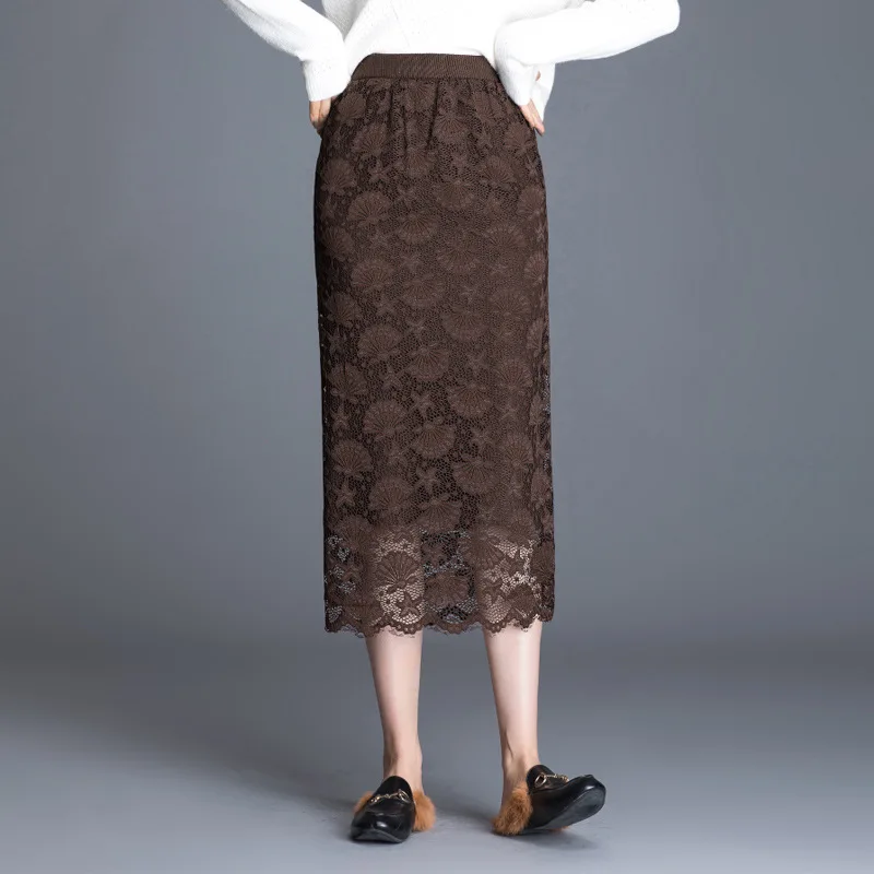 Вязаные юбки женские осень и зима новая OL двухсторонняя кружевная юбка длинная юбка женская jupe femme falda - Цвет: Brown