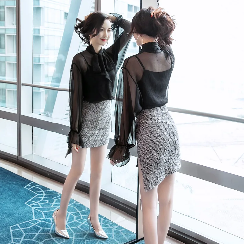 

Set 2018 Autumn And Winter New Products Debutante WOMEN'S Dress Fashion Tops + Slim Fit Sheath Skirt Two-Piece Set