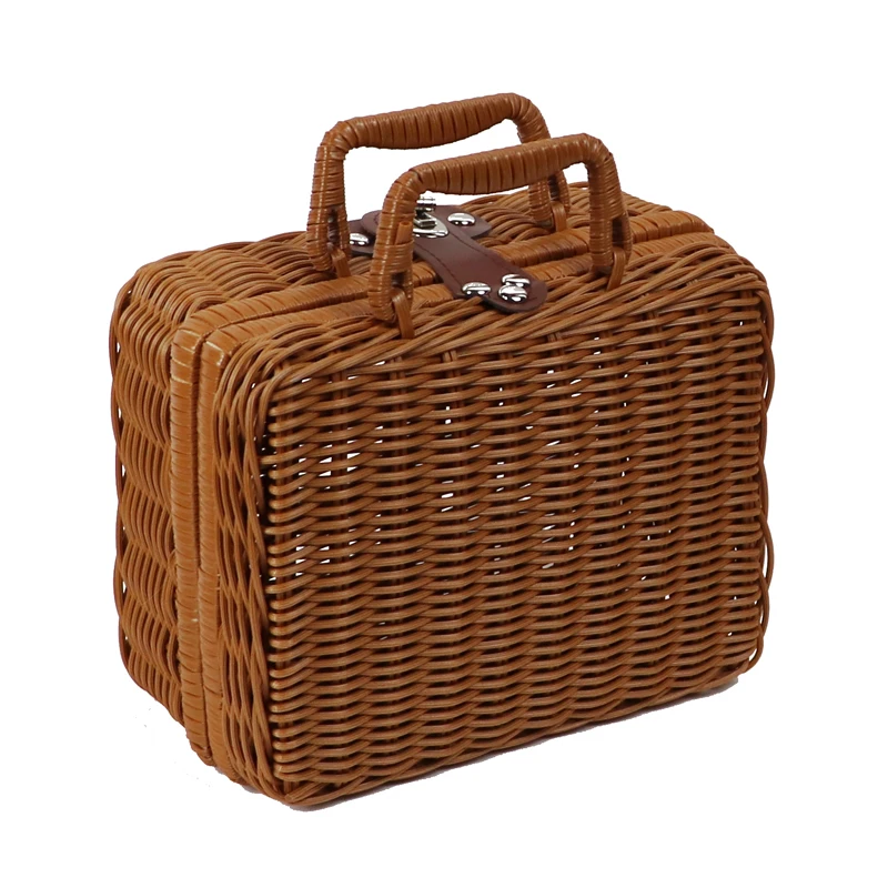 Vintage Handmade Rattan Picnic Basket Children's Photography Props Suitcase Square Portable Storage Organizer Box Multi Size