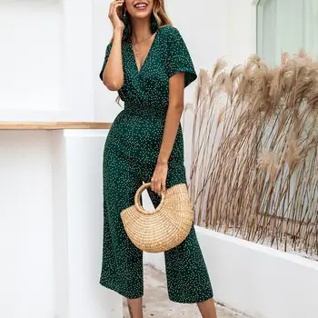 

Women Jumpsuits Rompers Summer Casual Print V-neck Pocket Overalls Jumpsuit Short Sleeve Wide Leg Loose Jumpsuit