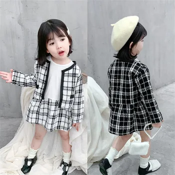 

2PCS WLG Autumn girls clothing set kids white black plaid jacket and patchwork dress set baby girl fashion clothes