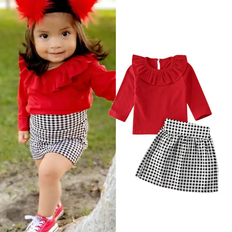 

Spring 2PCS Kid Baby Girl Clothes Long Sleeve Red Ruffle T-shirt+Plaids Dress Skirts Outfit Set