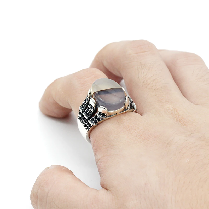 Мужское кольцо, 925 пробы, серебро, большой натуральный камень оникс и черный CZ, тайское серебро, турецкое кольцо для мужчин и женщин, модное ювелирное изделие