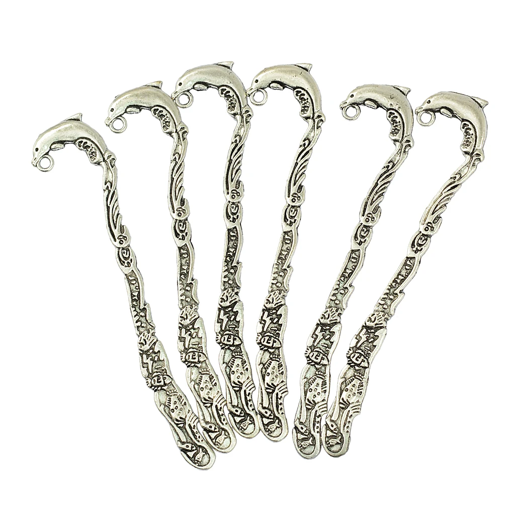 6x Tibetan silver color Vintage Dolphin Alloy Bookmarks With Hole for DIY Pendants Charms Jewelry School Office Stationery Supplies