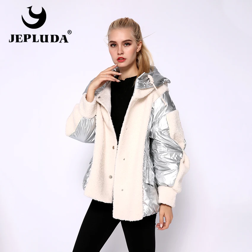 

JEPLUDA New style Women Fur Jacket High Quality Wool Blends Mashup Down with Hooded Plus Size Thick Warm Parka Winter Coat Women