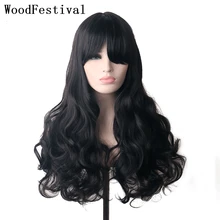 

WoodFestival Synthetic Hair Black Long Wavy Wig With Bangs Cosplay Wigs For Womens Ombre Grey Orange High Temperature Fiber