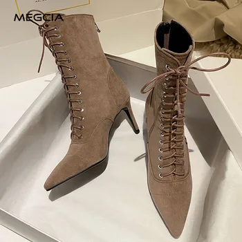 

MEGCIA Brand Thin High Heel Ankle Boots Women Pointed Toe Suede Boots Lace Up Short Boots Ladies Winter Winter Shoes Zipper A61
