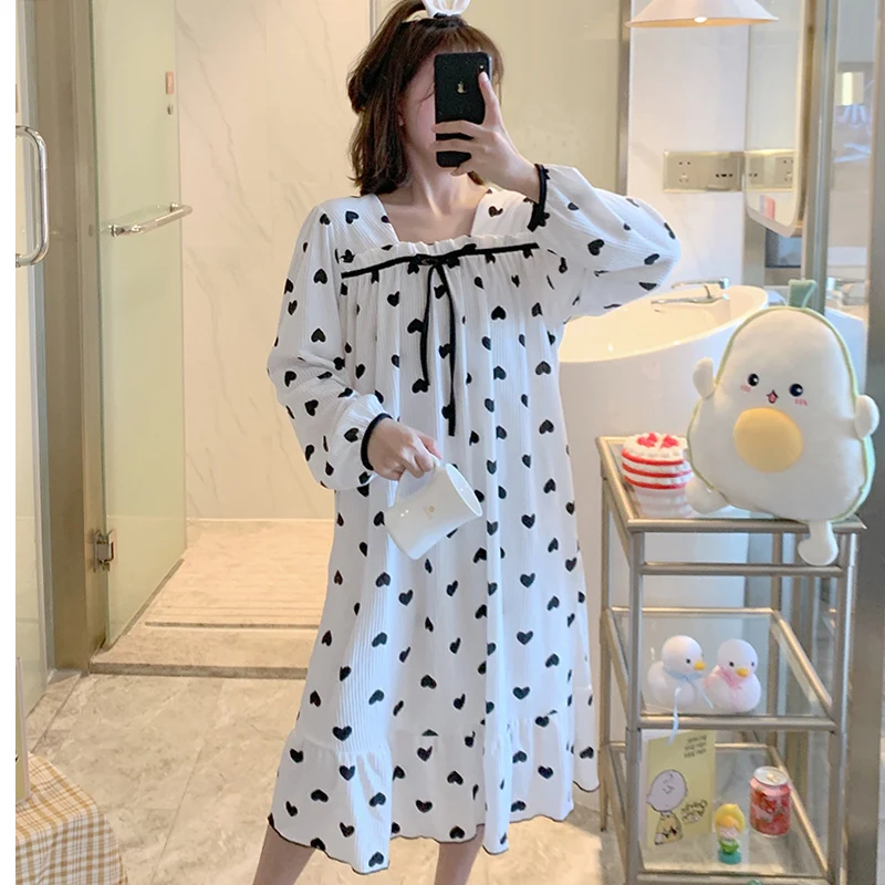 Nightdress women autumn and winter pajamas pure cotton long-sleeved love new sweet home service sleepwear