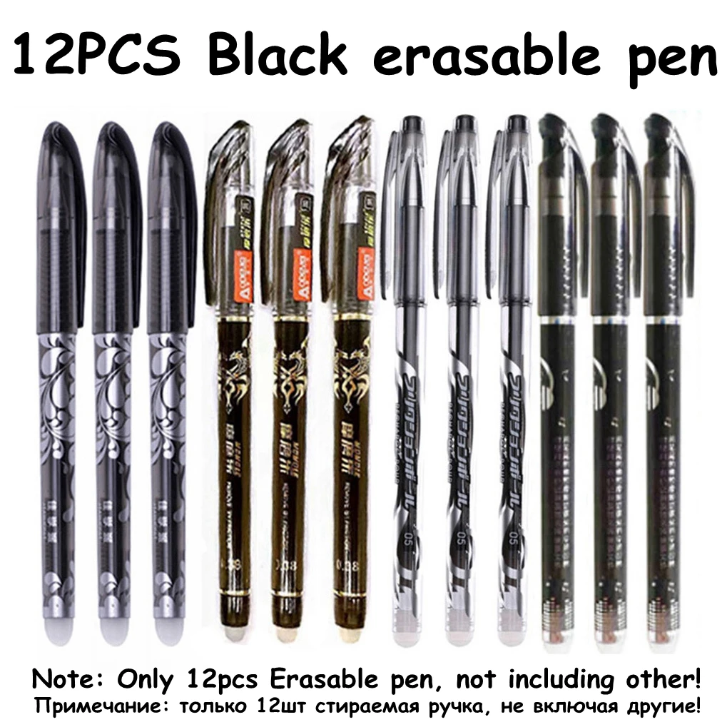 100 шт./лот, 0,5 мм, гелевая ручка, стираемая ручка, запасной стержень, набор, большая емкость, синие, черные чернила, Shool, моющаяся ручка, ручки, канцелярские принадлежности - Цвет: Note-12PCS-Black pen