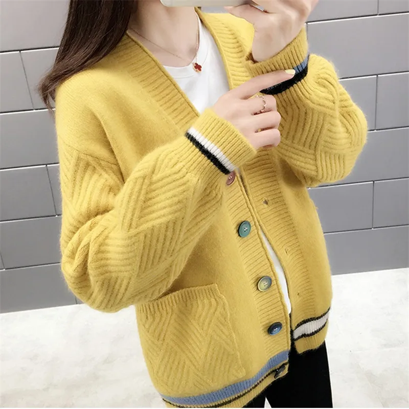 picture color CBAFU acylic women autumn winter sweater jacket sweater coat outwear long sleeve colorful button pockets knitted cardigans P371 - Цвет: picture color
