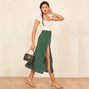 

Women Skirt Green Polka Dot Split Skirt