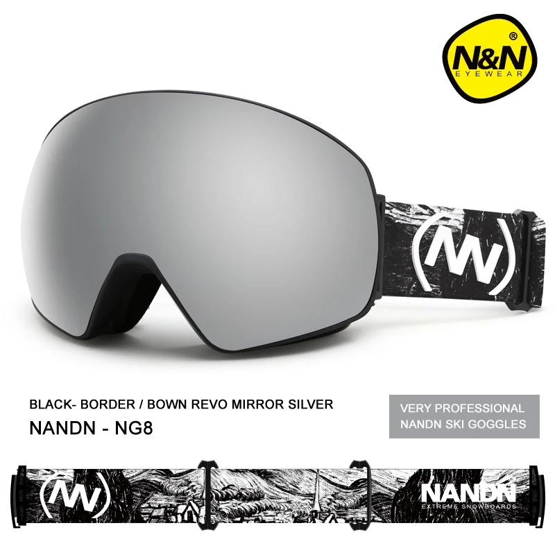 NANDN, новинка, лыжные очки, двухслойные, UV400, анти-туман, большая Лыжная маска, очки для катания на лыжах, для мужчин и женщин, очки для сноуборда - Цвет: Black frame-Silver