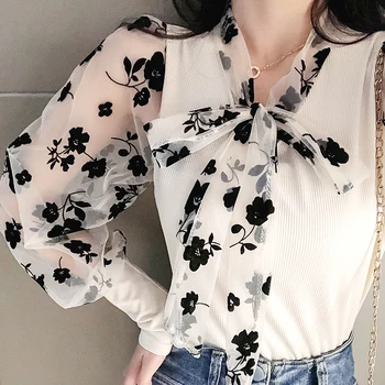 

Girls Bow Neck Patchwork Mesh Blouses Shirts Tees Female 2020 Spring Sweet Chic Blouses Tops For Women Real Photos