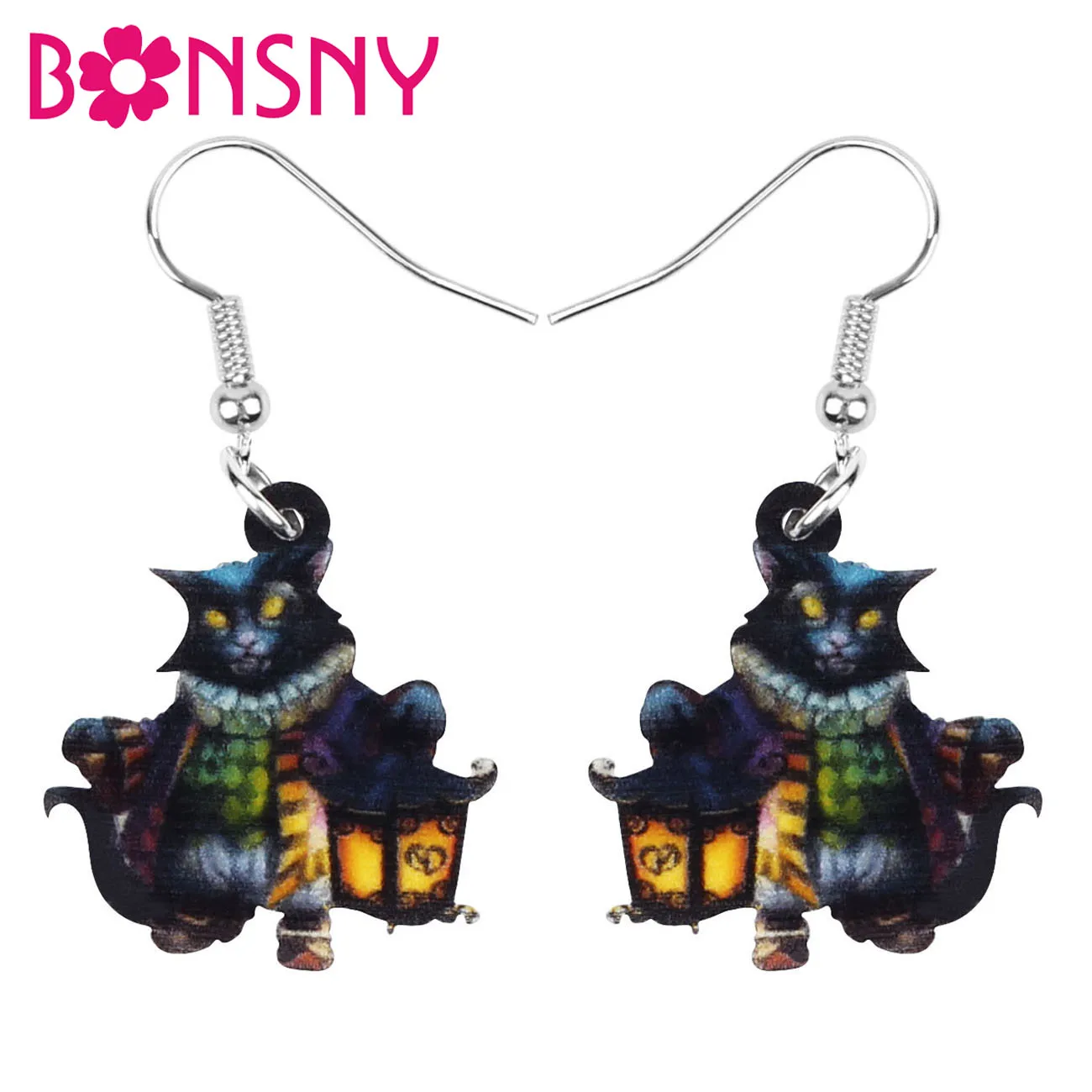 Bonsny акриловый Хэллоуин Аниме Черный кот котенок фонарик серьги-подвески в форме
