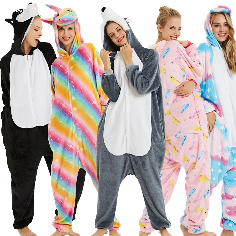

Kigurumi unicornio Pajamas Set Women Men Winter Christmas Flannel Adults Animal Unicorn Sleepwear Panda Cartoon stitch Nightwear