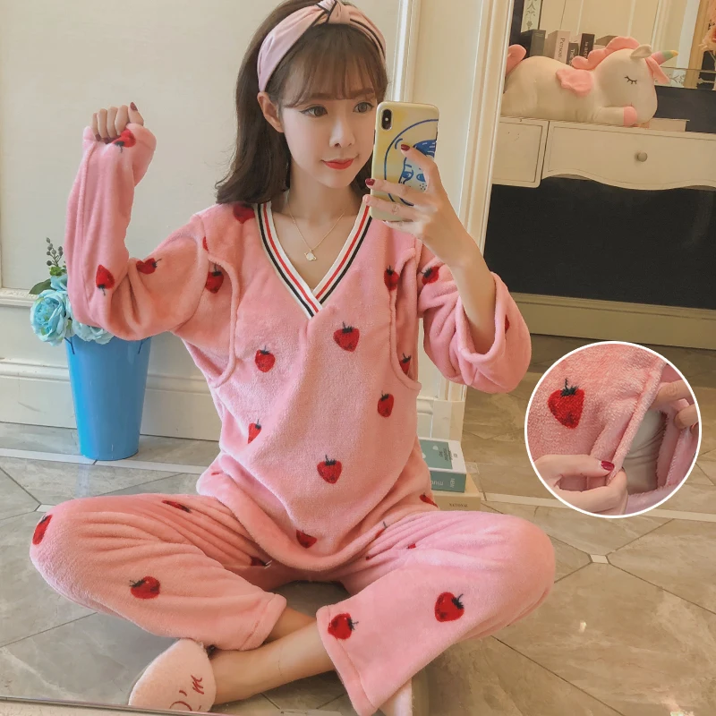 Winter Women Pajamas Sets Printed Loose Maternity Clothing Warm Pregnant Pyjamas Sets Casual Nursing Sleepwear Suit