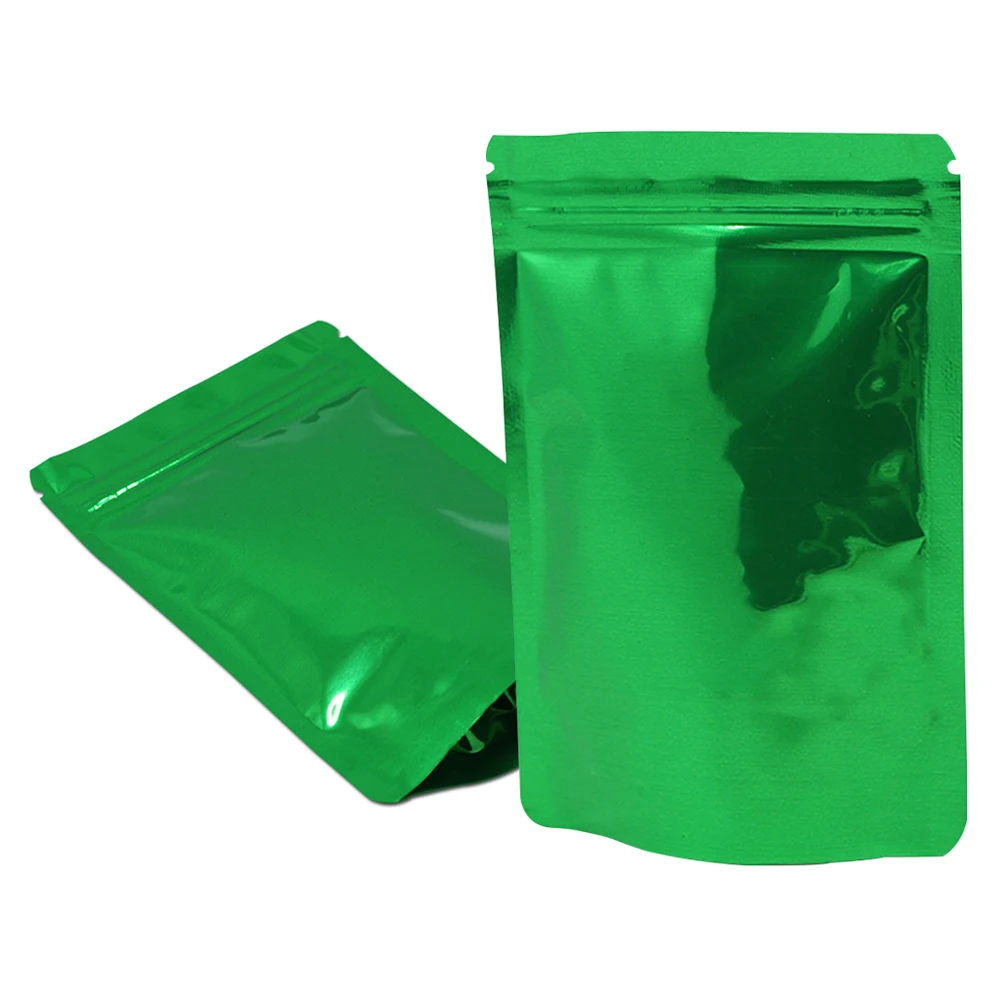 

100Pcs/Lot Grip Seal Doypack Resealable Reusable Tear Notch Food Packaging Pouches Glossy Green Zip Lock Myalr Foil Bag Stand Up