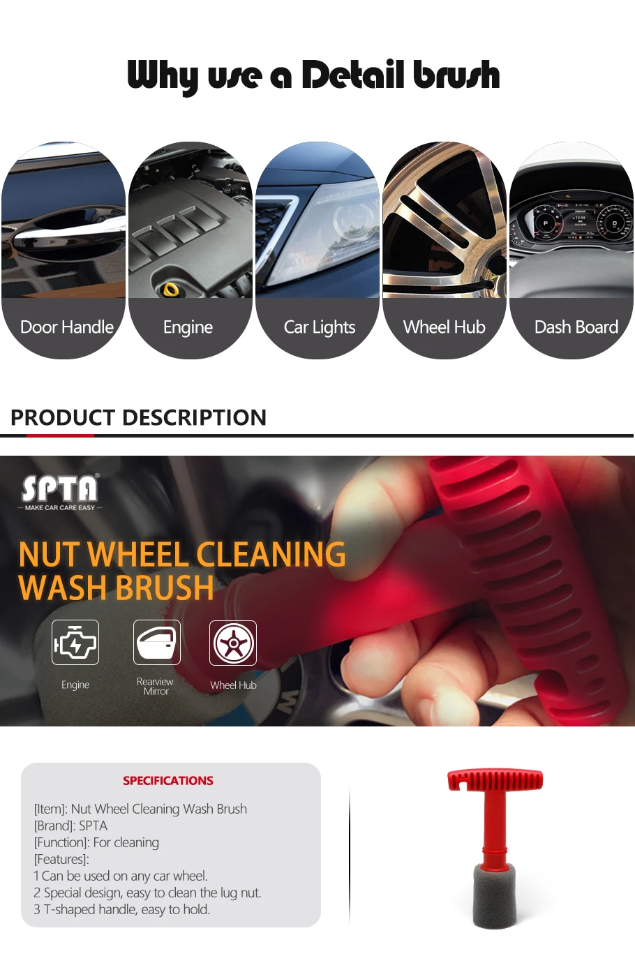 SPTA Lug Nut Wheel Cleaning Brush With Handle and Removable Insert