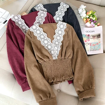 

vintage women's V neck short pullovers Spring long sleeve short corduroy tops femme short tops