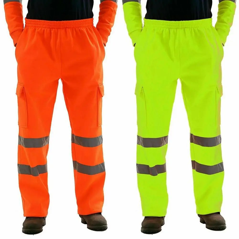 Unisex Men Breathable Work Pants Reflective Stripe Elastic Waist Trousers S-3XL