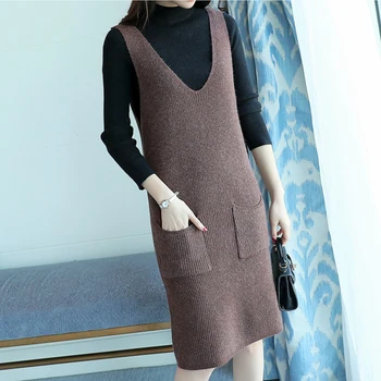 

Spring V-neck long sweater vest sleeveless solid color loose sweater outside vest dress