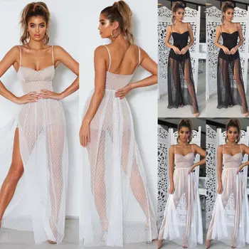 

Hot Fashion 2020 Women Long Dress Sexy Ladies New Summer Polka Dot Bodycon Mesh Black Long Maxi Dress Party Clubwear Sundress