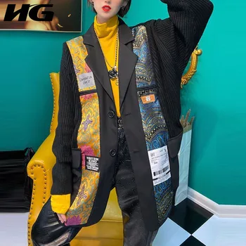 

HG Knitted Sweater Fashion New Women Full Sleeve Patchwork Loose Satin Patch Minority Casual Style Elegant Loose Sweater ZY1944