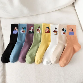 

Crew Socks Women Cartoon Woman Sock Print Solid Soft Sox Ladies Autumn Winter Classic Trend Lady Candy Color Calcetines Hombre