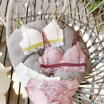 

Sweet lace sexy underwear female without steel ring thin section gathered bra with panties sets student girl adjustment lingerie