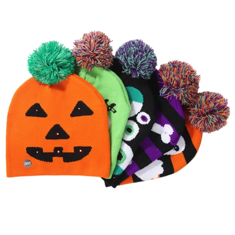 

Halloween Pumpkin Ghost Caps Glowing Hats Cute Knitted Beanies Hat For Child Adult Festival Party Dress Up