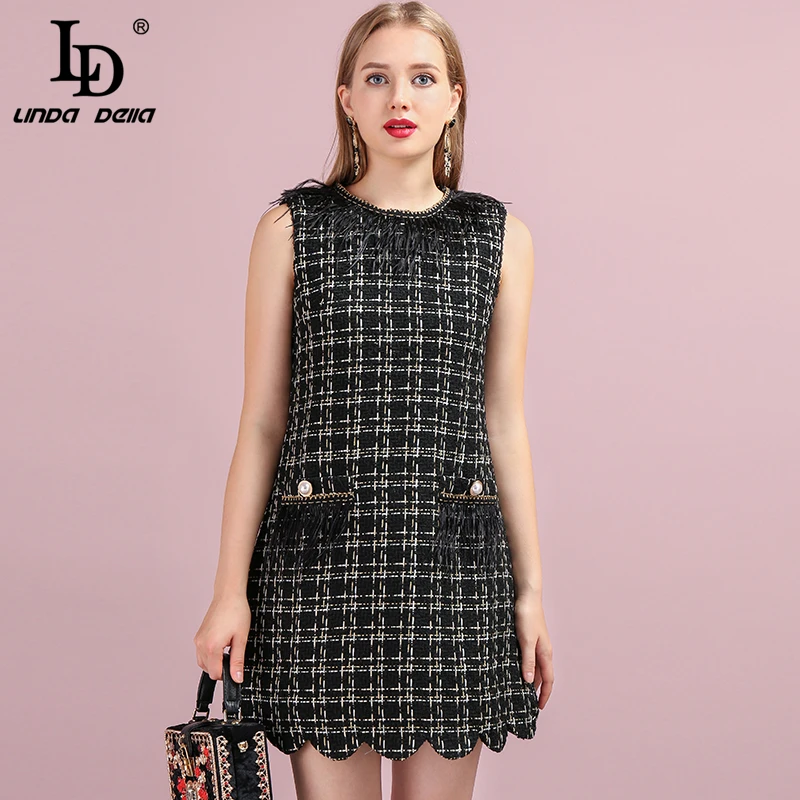 

LD LINDA DELLA Fashion Runway Autumn Casual Tweed Dress Women's Sleeveless Feathers Splice Female Stylish Black Mini Dresses